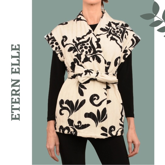 Etern Elle Black and White Patterned Vest Quilted Tie Waist Cap Sleeve Large XL - Picture 1 of 8